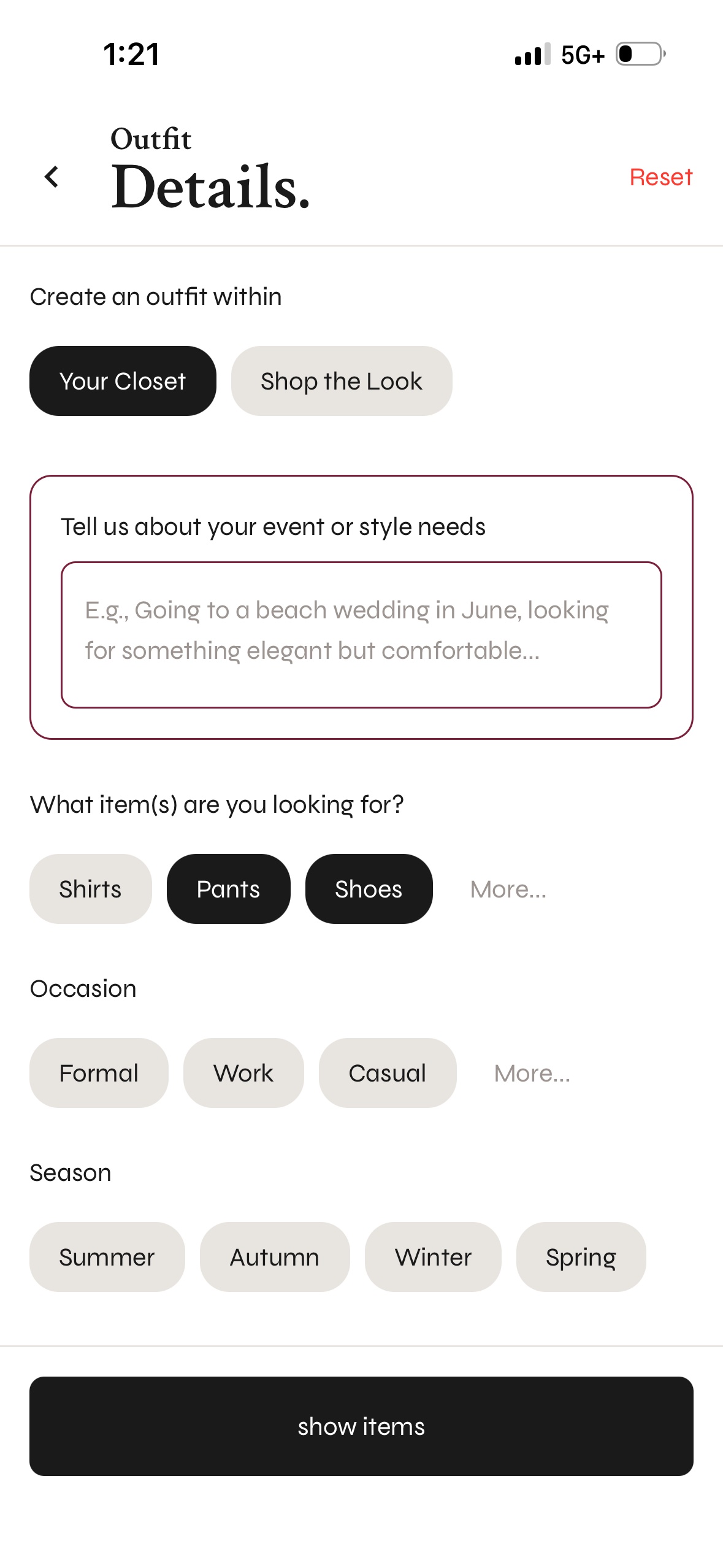 armoires outfit builder — tell us about your event and we'll style it